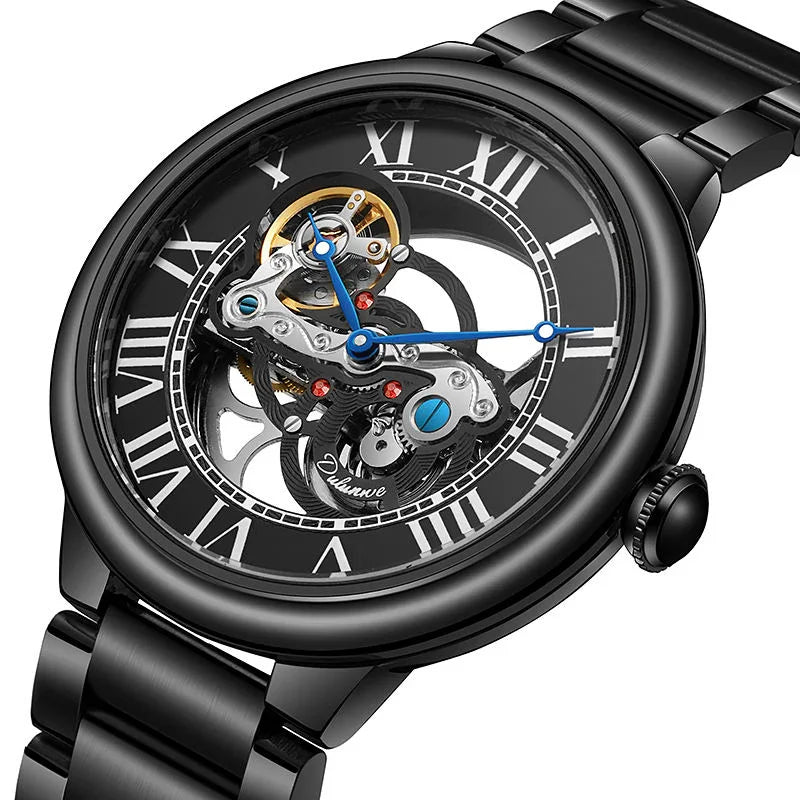 Luxury black skeleton watch with Roman numerals, blue hands, and visible mechanical movement