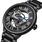 Luxury black skeleton watch with Roman numerals, blue hands, and visible mechanical movement