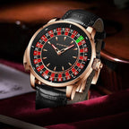 Luxury sport-inspired watch with roulette dial, rose gold case, black leather strap, bold design
