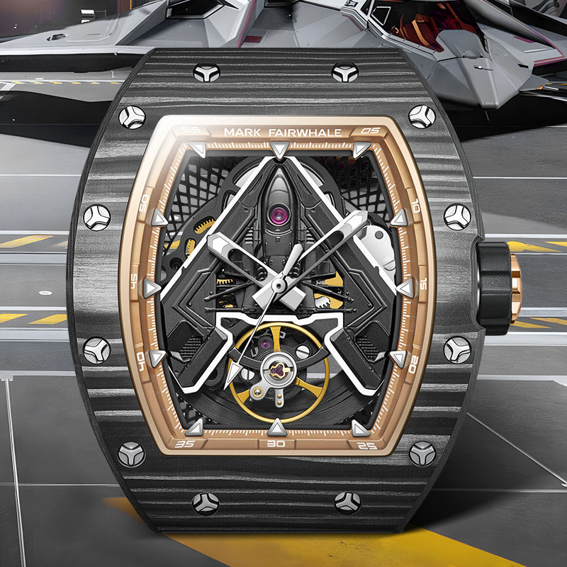 Luxury motorsport-inspired skeleton watch with carbon fiber case and bold gold accents