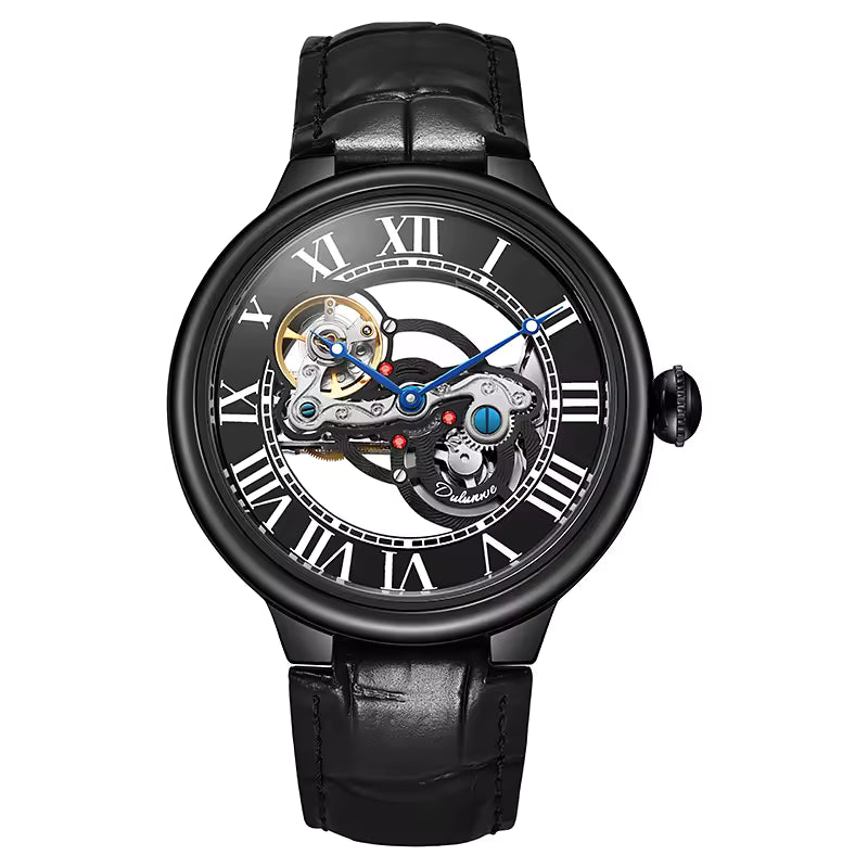 Luxury skeleton automatic watch with black leather strap, Roman numerals, and exposed movement