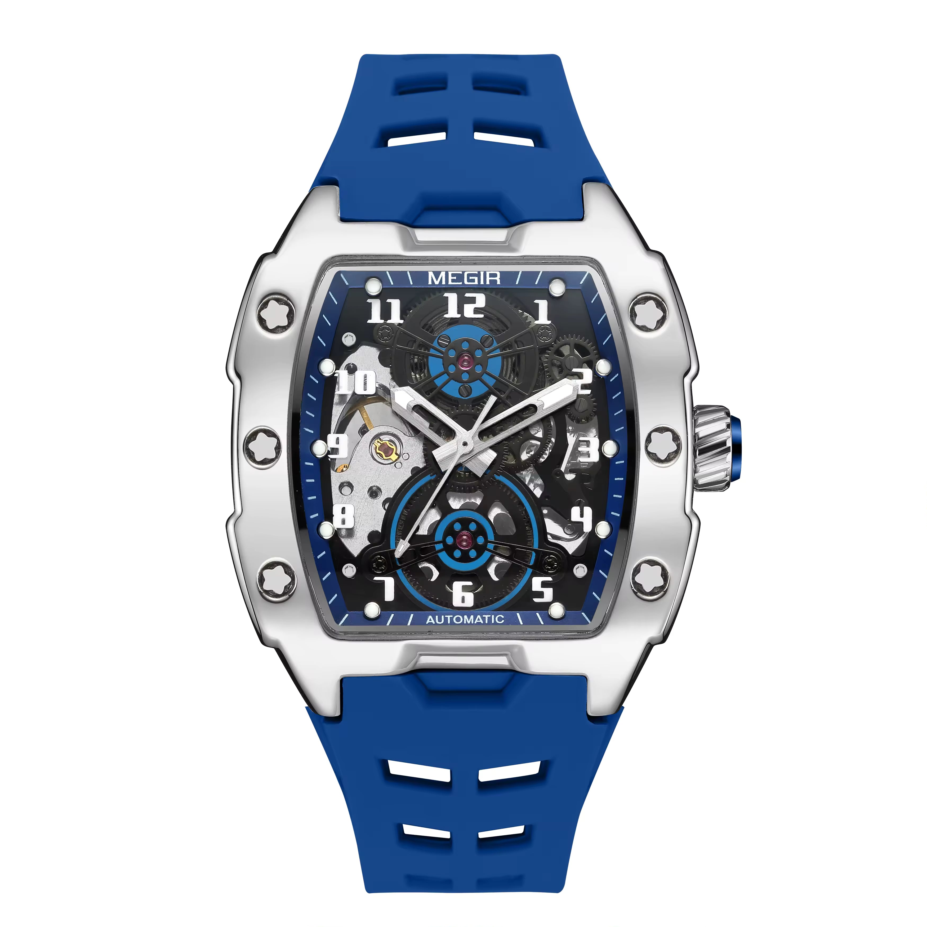 Luxury sport-inspired watch with skeleton dial, blue rubber strap, and bold stainless steel case