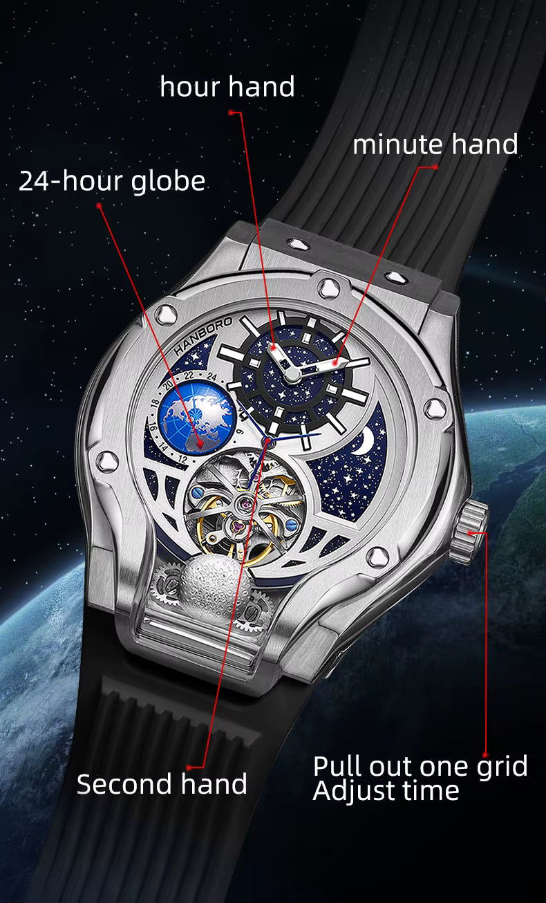 Luxury motorsport-inspired watch with labeled hands, 24-hour globe, and star dial over Earth background