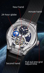 Luxury motorsport-inspired watch with labeled hands, 24-hour globe, and star dial over Earth background