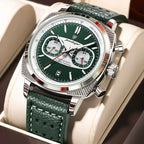 Green dial chronograph watch with textured leather strap, inspired by motorsport luxury design