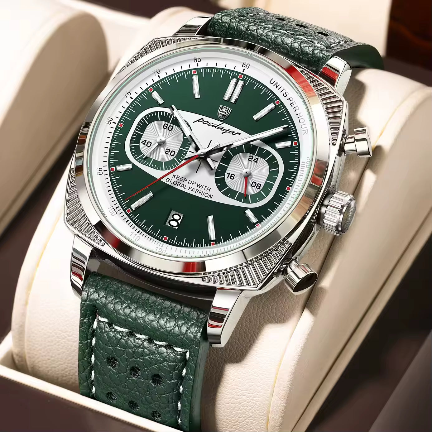 Green dial chronograph watch with textured leather strap, inspired by motorsport luxury design