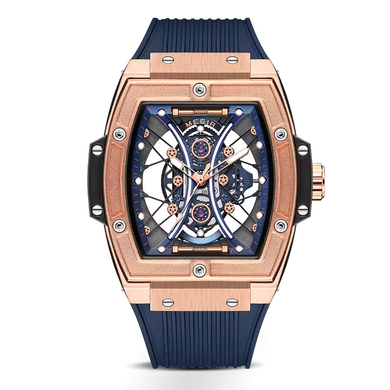 Motorsport-inspired luxury watch with rose gold-toned case, skeleton dial, and blue rubber strap
