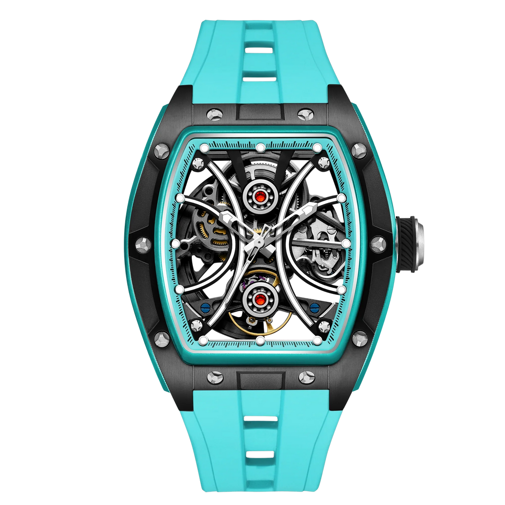 Motorsport-inspired luxury watch with open skeleton dial, black case, and turquoise strap