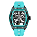 Motorsport-inspired luxury watch with open skeleton dial, black case, and turquoise strap