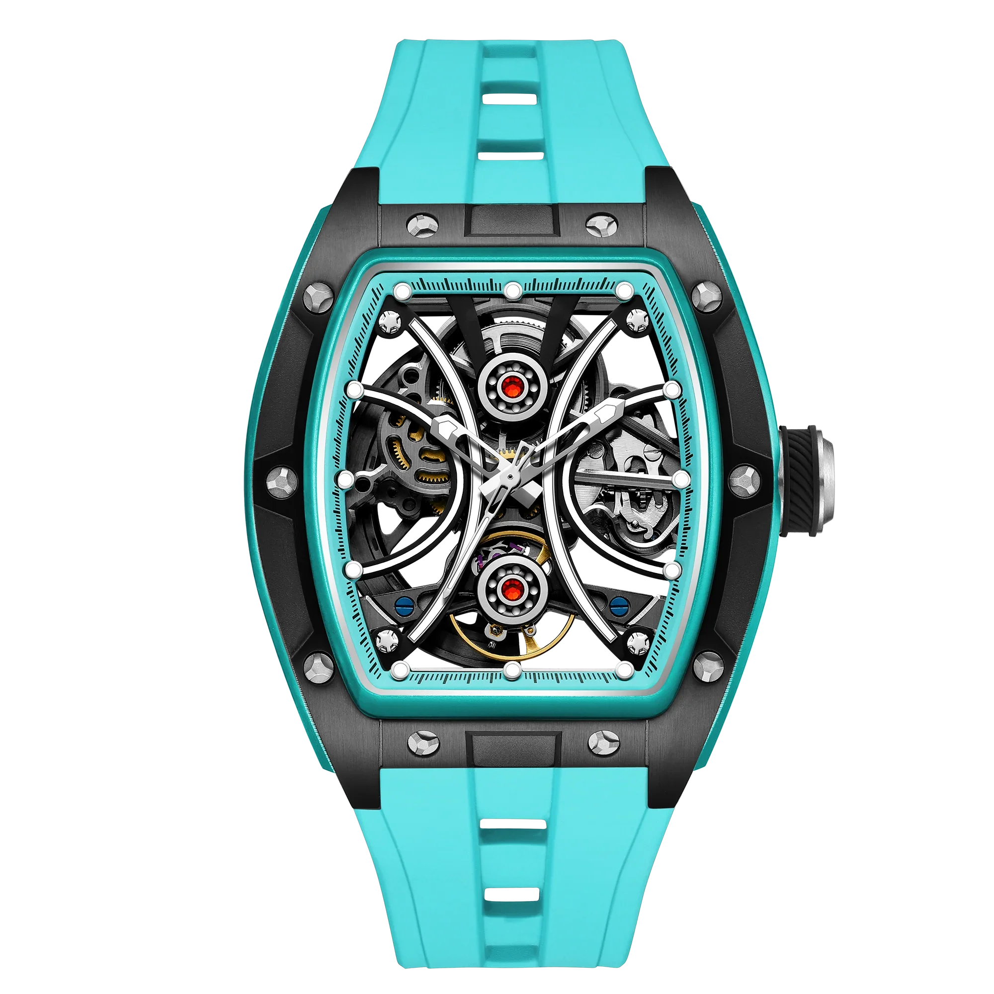 Motorsport-inspired luxury watch with open skeleton dial, black case, and turquoise strap