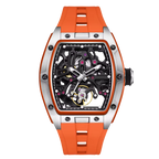 Skeletonized racing-inspired luxury watch with orange rubber strap and bold tonneau case