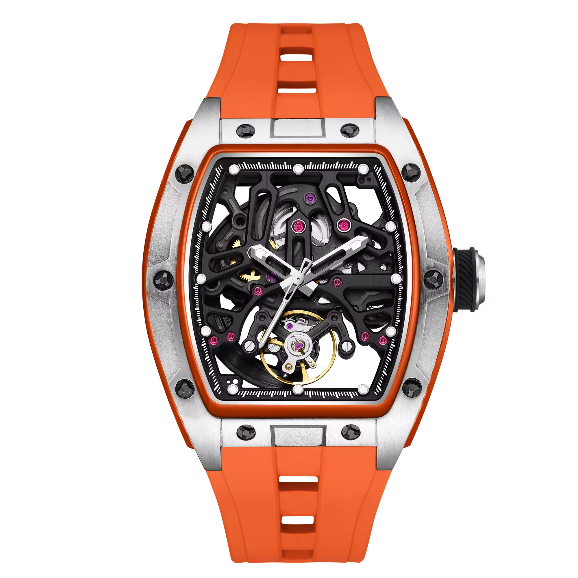 Skeletonized racing-inspired luxury watch with orange rubber strap and bold tonneau case