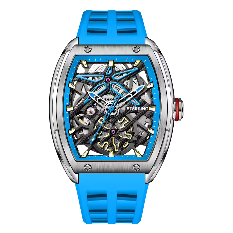 Luxury skeleton sport watch with tonneau case, blue rubber strap, and exposed gears.