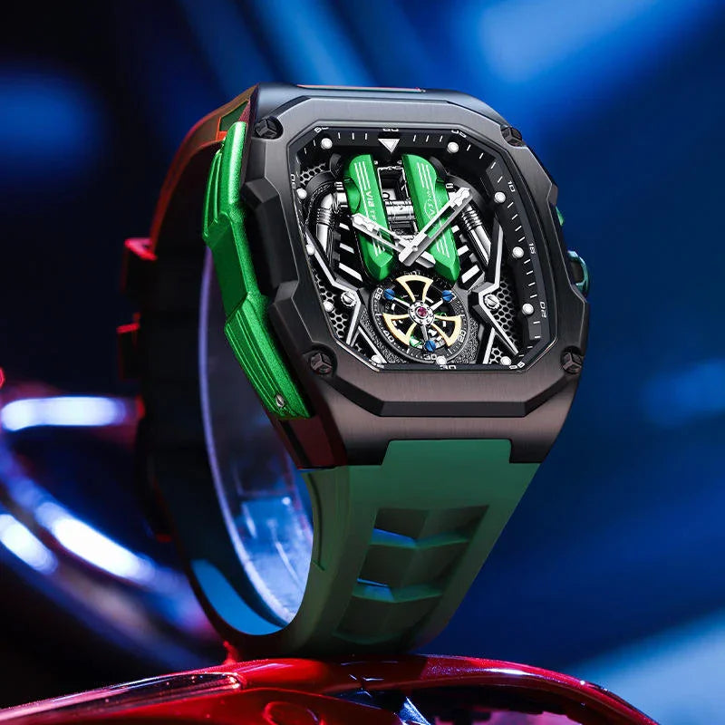 Motorsport-inspired luxury watch with green and black case, skeleton dial and bold design