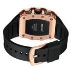 Luxury sport-inspired watch with rose gold case, black silicone strap, and bold detailing
