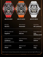 Three sport-luxury automatic watches with bold silicone straps, skeleton dials, and luminous hands.