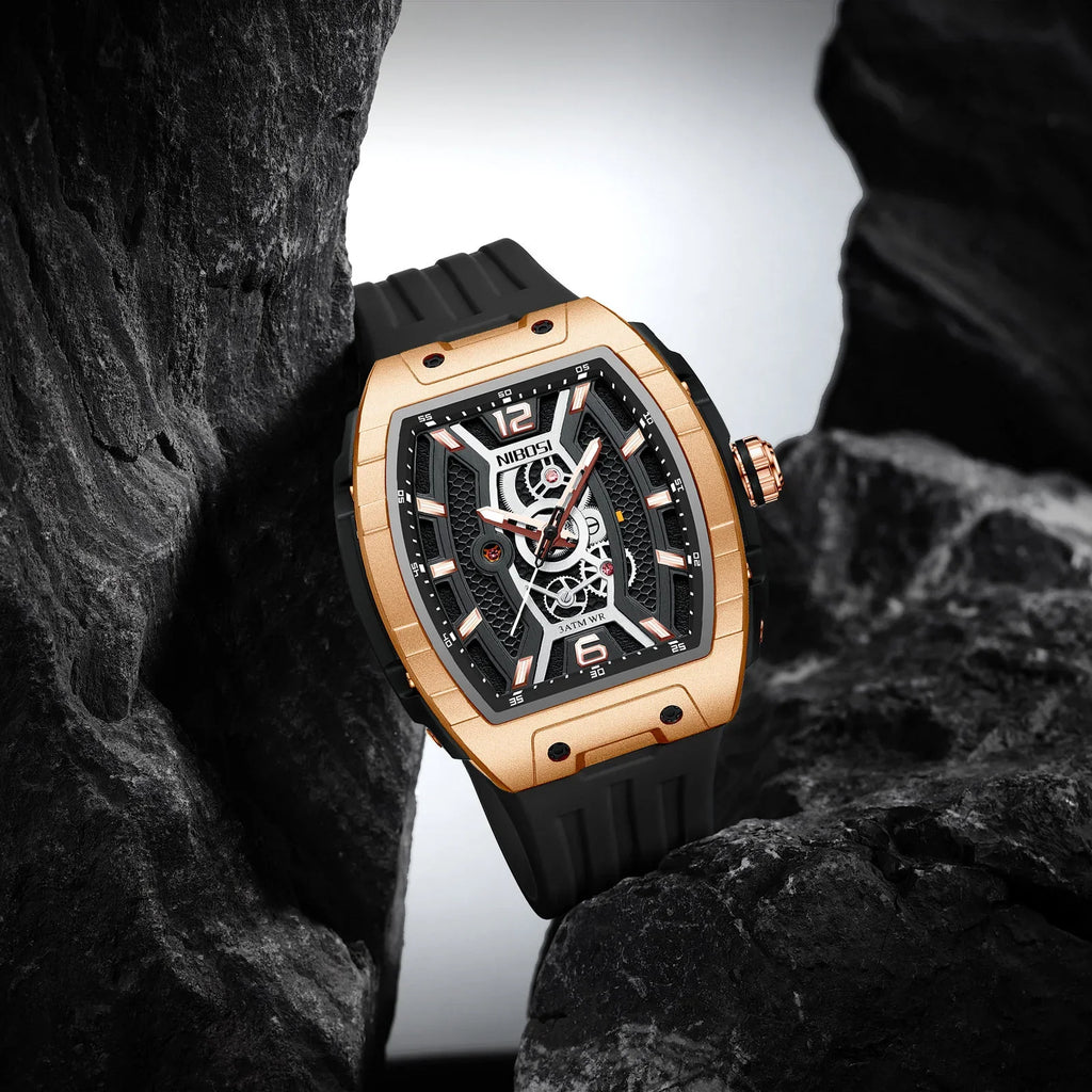 Motorsport-inspired luxury watch with rose gold case, skeleton dial, and black rubber strap