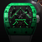 Luxury racing-inspired watch with luminous green carbon fiber case and skeleton dial design