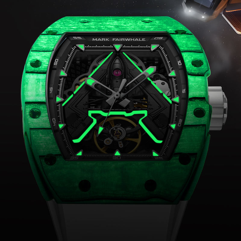 Luxury racing-inspired watch with luminous green carbon fiber case and skeleton dial design