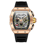 Motorsport-inspired luxury watch with rose gold case, skeleton dial, and black silicone strap