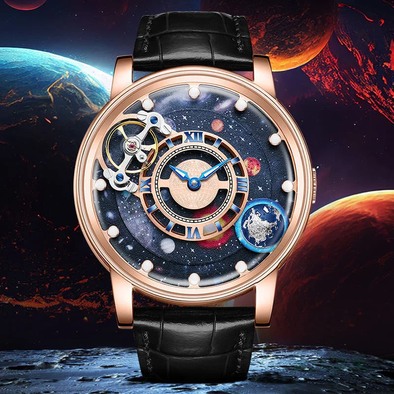 Luxury sport-inspired watch with cosmic-themed dial, rose gold case, black leather strap