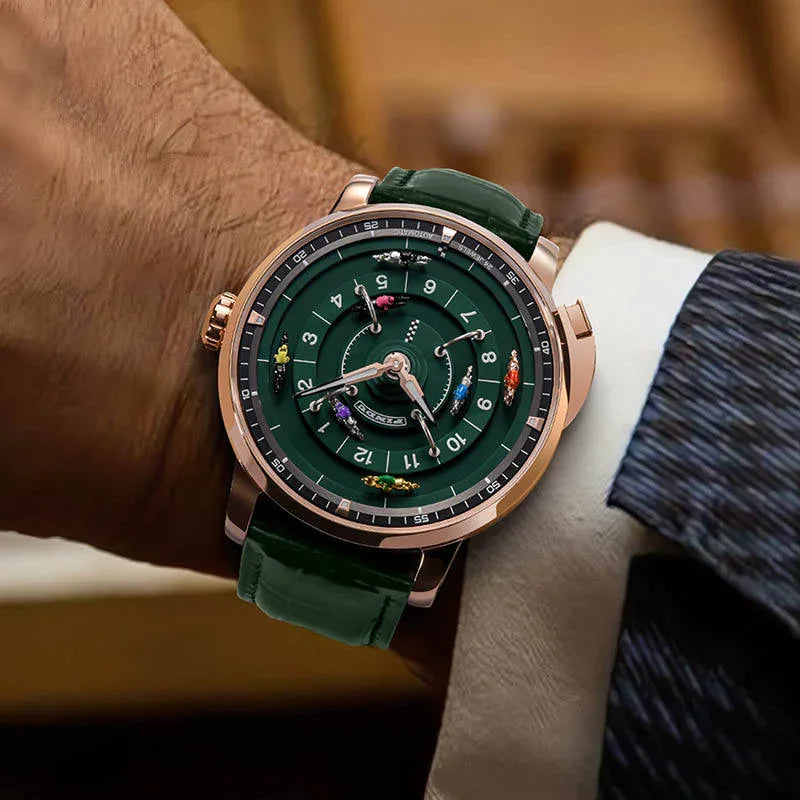 Luxury green dial racing-inspired watch with rose gold case and car miniatures on wrist
