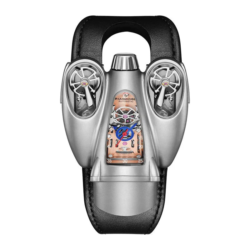 Motorsport-inspired luxury watch with futuristic design, dual dials, and leather strap