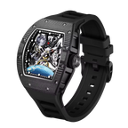 Luxury sport-inspired skeleton watch with black rubber strap, tonneau case, and space-themed dial
