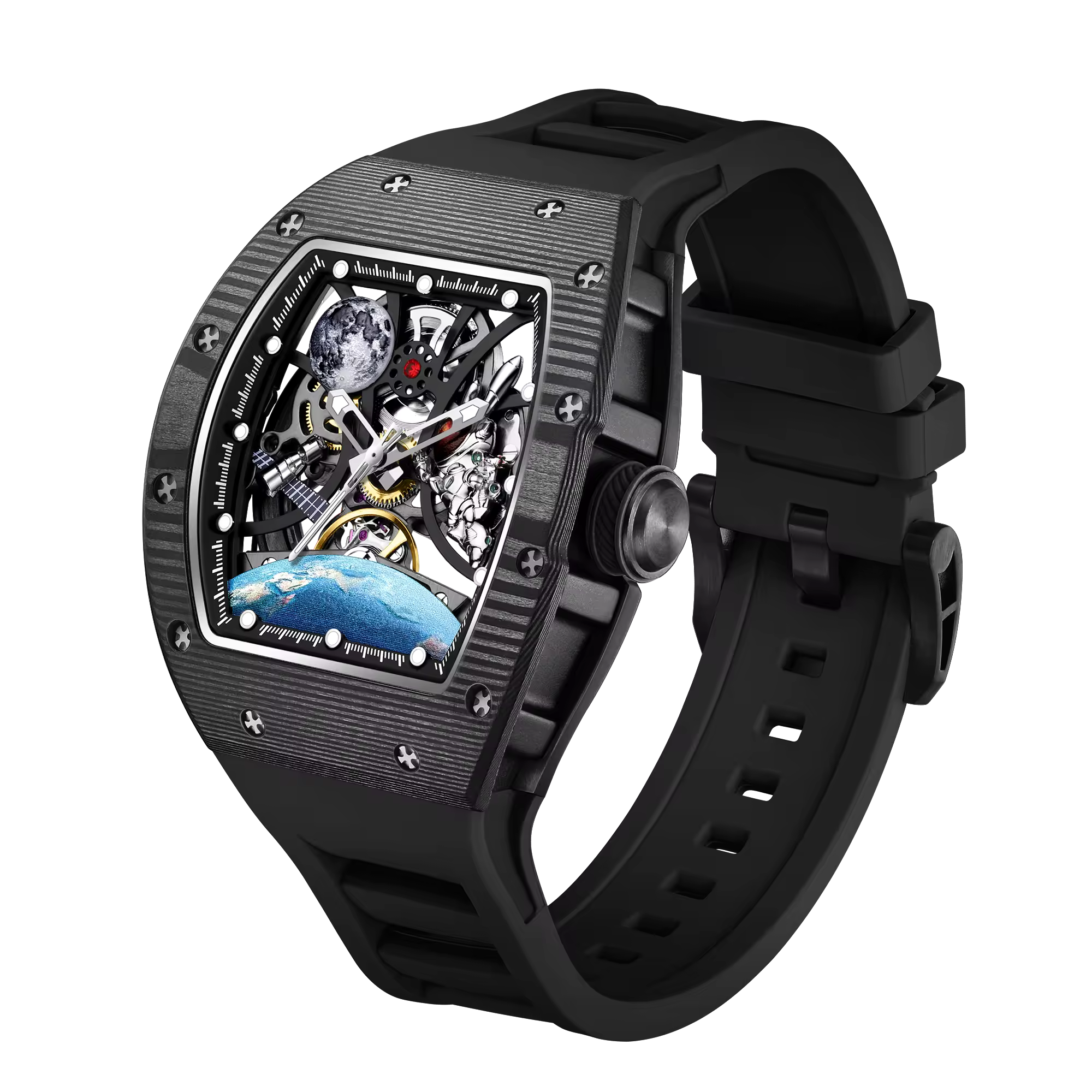 Luxury sport-inspired skeleton watch with black rubber strap, tonneau case, and space-themed dial