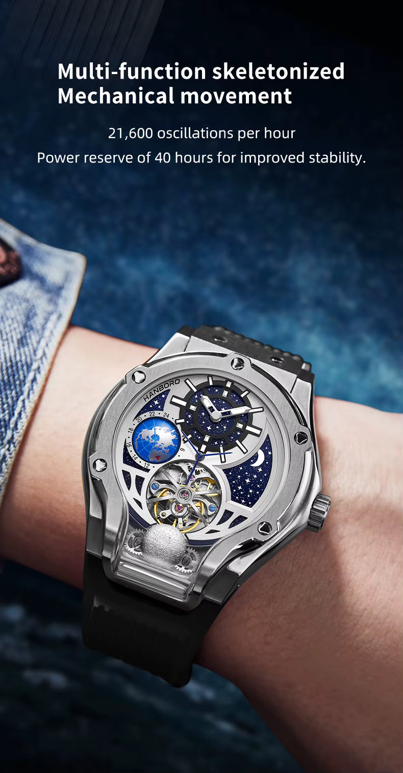 Luxury skeleton sport watch with visible mechanical movement, moonphase dial and world time, worn on wrist.