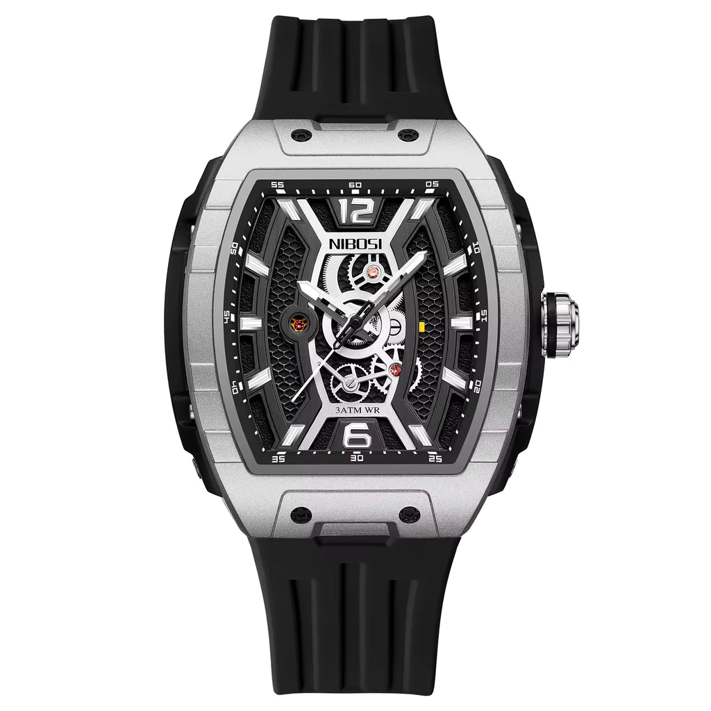 Luxury sport-inspired watch with openwork dial, black rubber strap, and racing aesthetics
