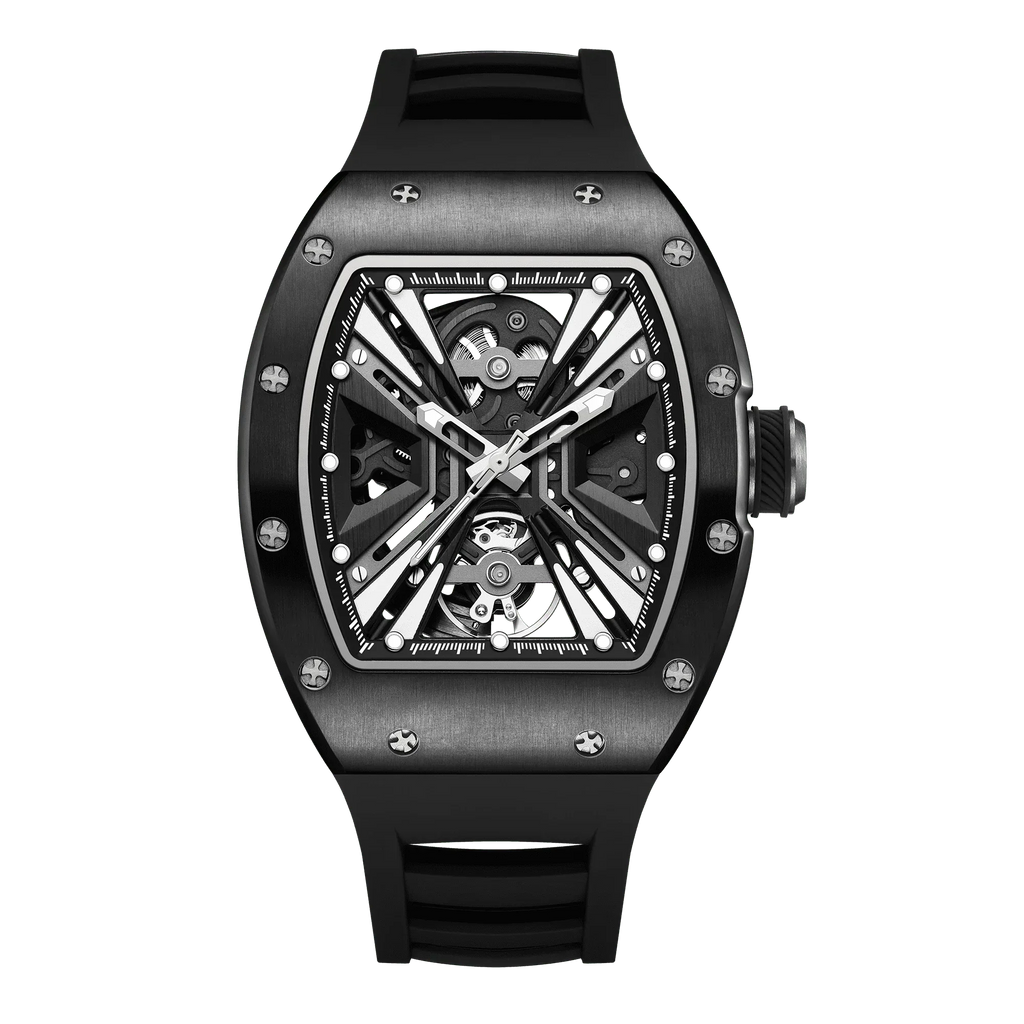 Luxury black skeleton dial watch with tonneau case, inspired by motorsport performance