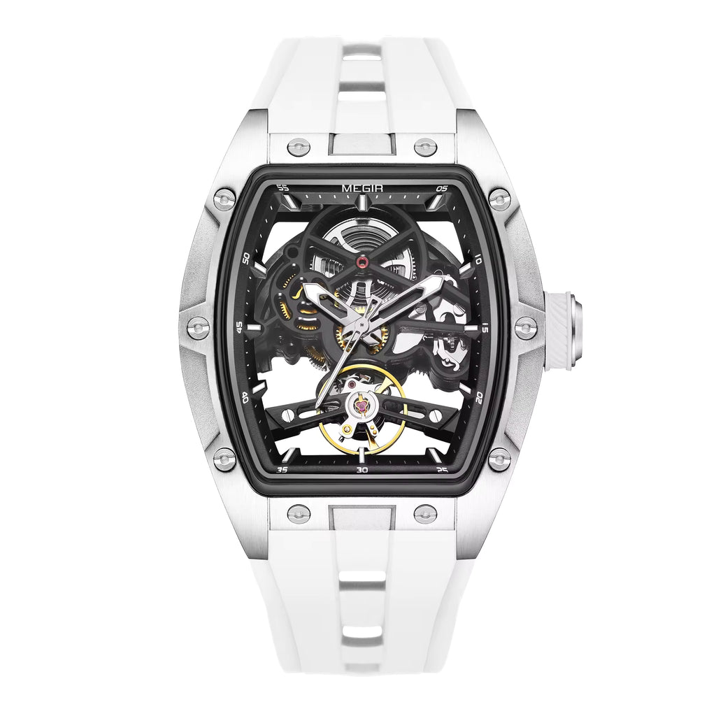 Skeleton dial sport-luxury watch with tonneau case, open gears, and white strap, motorsport-inspired design