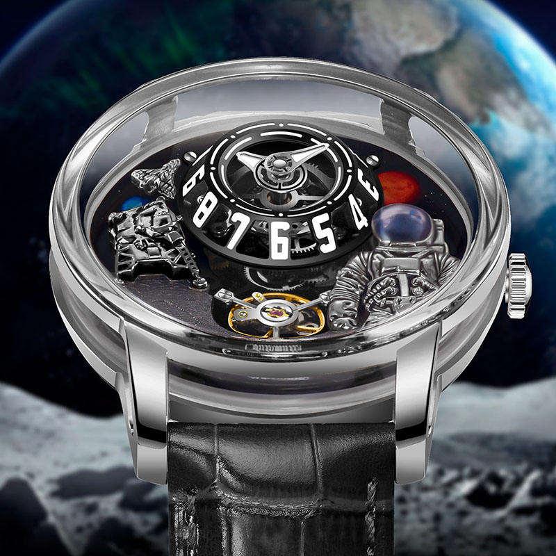 Luxury sport-inspired watch with astronaut, lunar rover, rotating dial, space-themed details