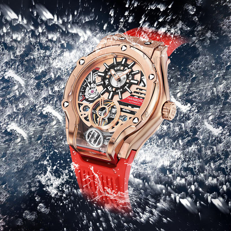 Luxury sports watch with rose gold case, skeleton dial, red band, and racing-inspired design, splashing in water