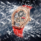 Luxury sports watch with rose gold case, skeleton dial, red band, and racing-inspired design, splashing in water