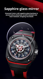 Motorsport-inspired sport-luxury watch with sapphire glass, black case, red strap, bold dial