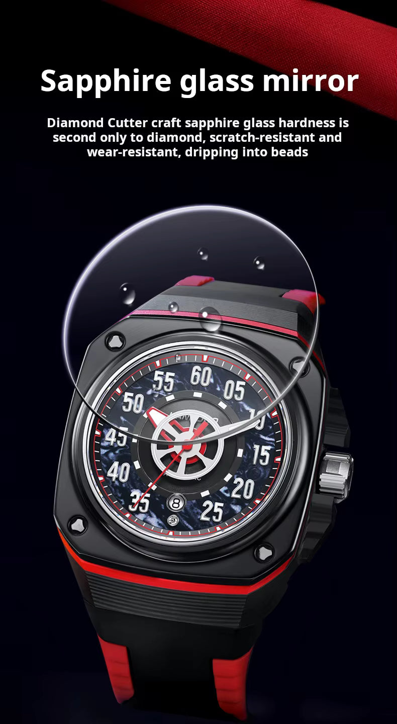 Motorsport-inspired sport-luxury watch with sapphire glass, black case, red strap, bold dial