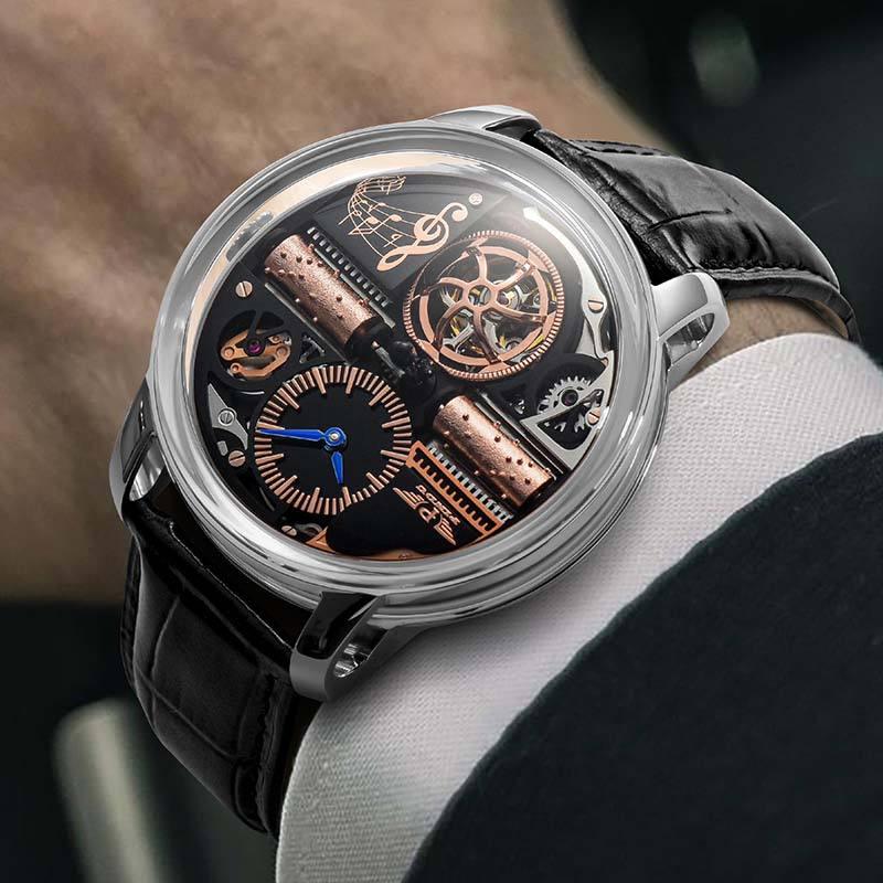 Luxury skeleton watch with exposed gears, copper accents, and black leather strap on wrist