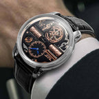 Luxury skeleton watch with exposed gears, copper accents, and black leather strap on wrist