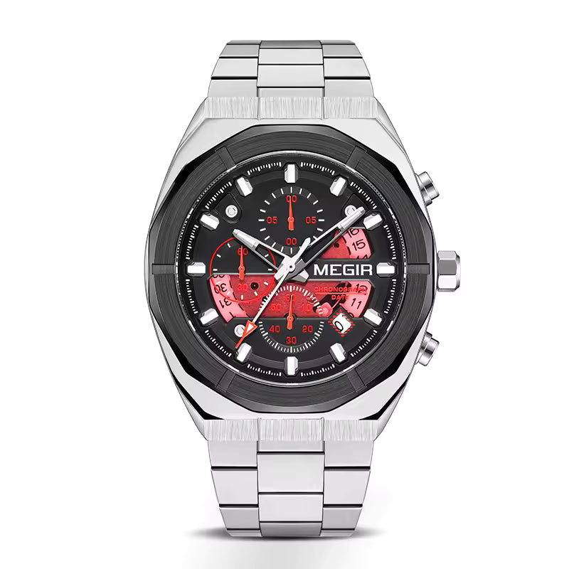 Stainless steel sport-luxury chronograph watch with black dial, red subdials, and bold markers.