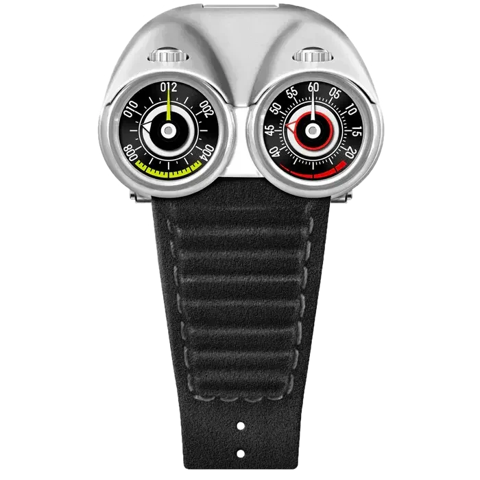 Motorsport-inspired luxury watch with dual dials, bold design, and black leather strap