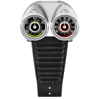 Motorsport-inspired luxury watch with dual dials, bold design, and black leather strap