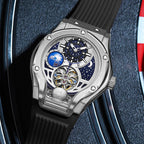 Luxury motorsport-inspired mechanical watch with skeleton dial, moonphase, and chronograph features