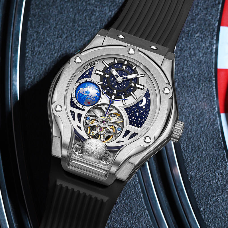 Luxury motorsport-inspired mechanical watch with skeleton dial, moonphase, and chronograph features