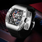 Luxury racing-inspired skeleton watch with brushed metal case and sporty black strap