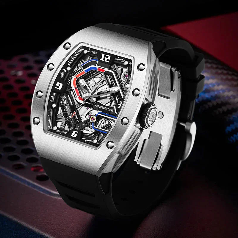 Luxury racing-inspired skeleton watch with brushed metal case and sporty black strap