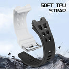 Black and white soft TPU watch straps with racing-inspired, sport-luxury design