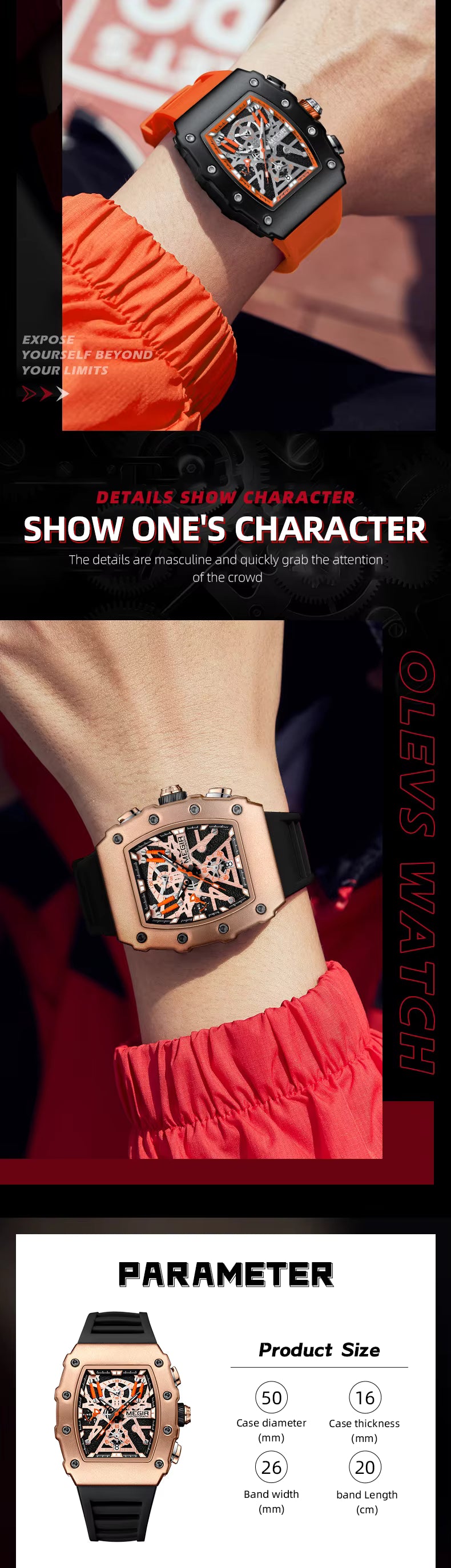 Motorsport-inspired sport-luxury watch with skeleton dial, bold case design, and colored strap