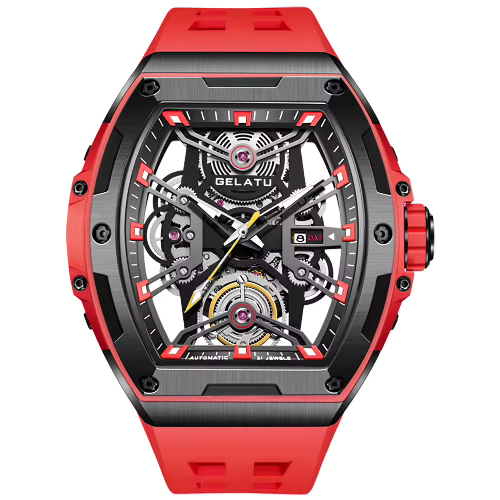Racing-inspired luxury watch with skeleton dial, red strap, and bold automotive detailing